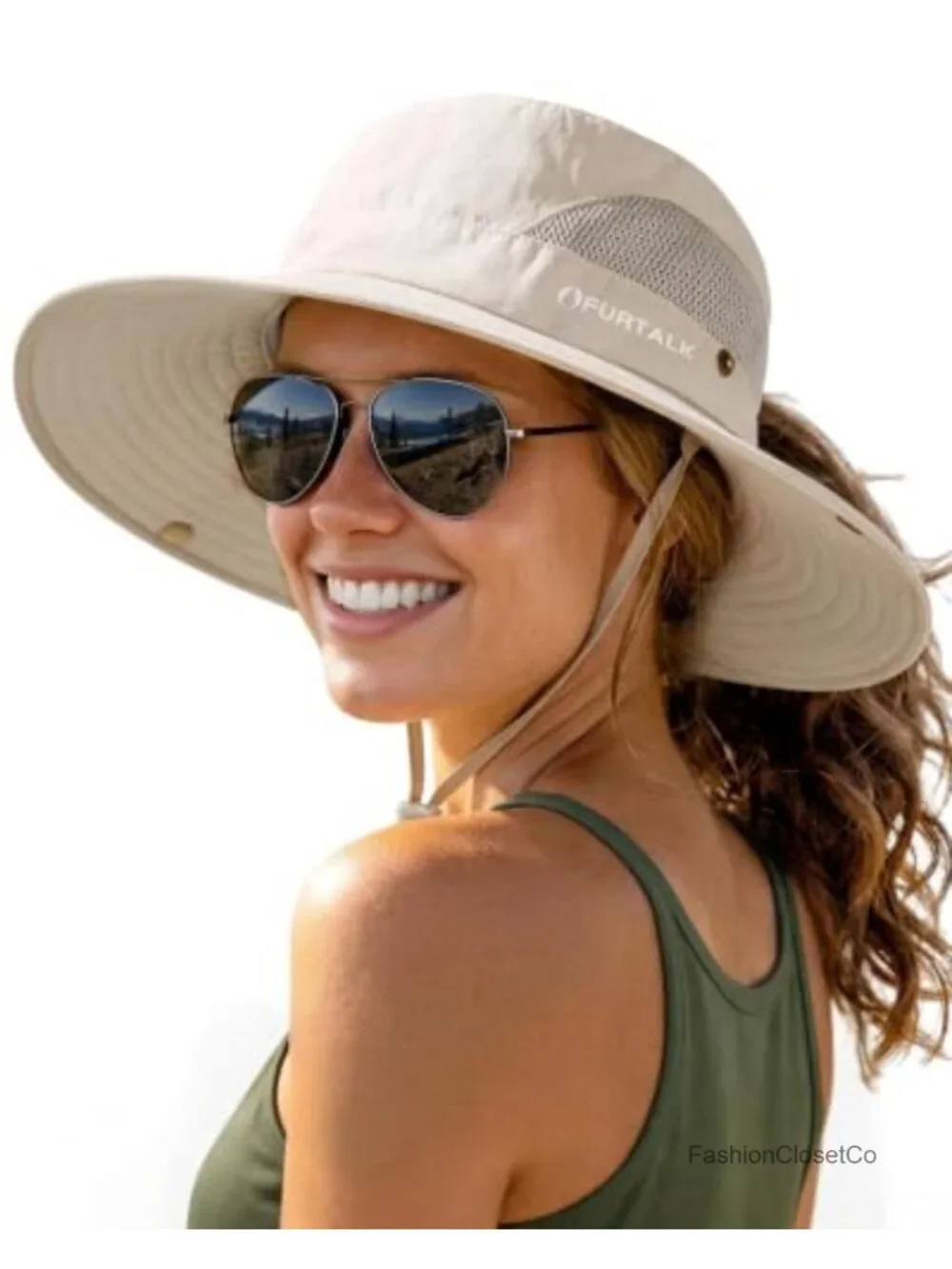 Womens Wide Brim Sun Hat with Ponytail Hole UPF 50+ Nylon Foldable Bucket Hat